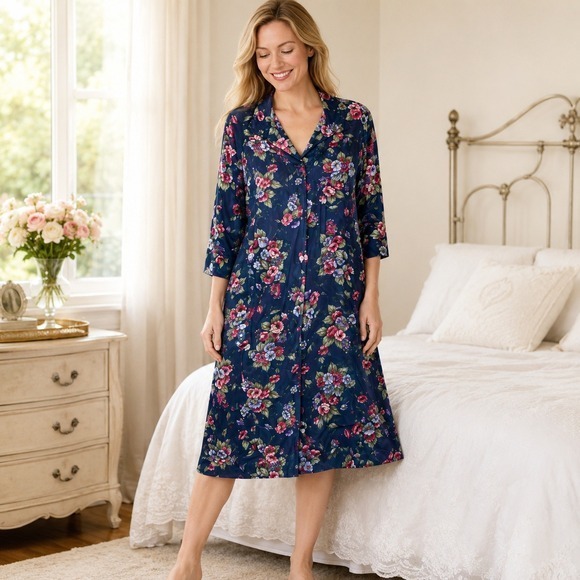 Vanity Fair Other - Vanity Fair Vintage Floral Button Front Robe‎ Navy Nylon Tricot M